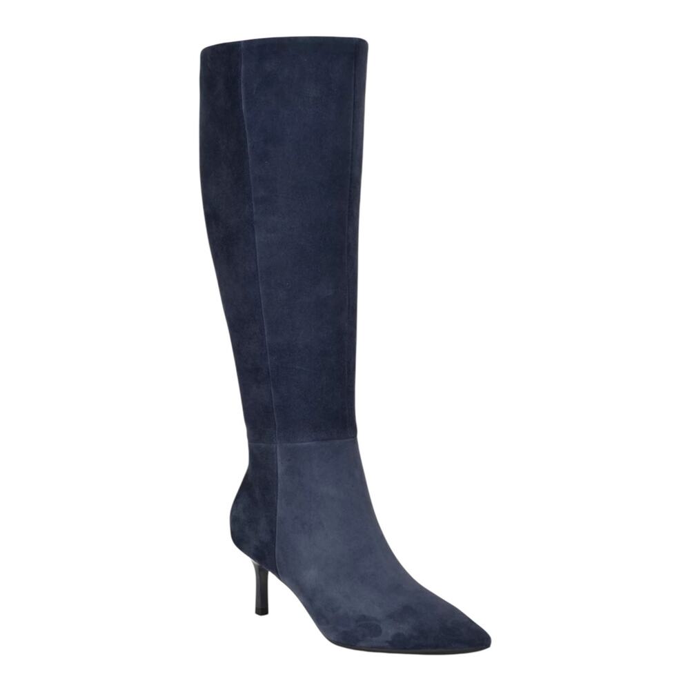 Nine West Women's Kimdee 9X9 Suede Wide Calf Tall Stiletto Boots Navy Size 9 1/2